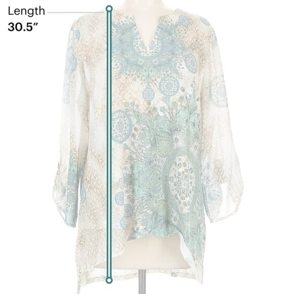 Chico's Sz 2 Assymetric Hi-Lo 3/4 Sleeve Mandala Pattern Boho Blouse - Picture 7 of 10